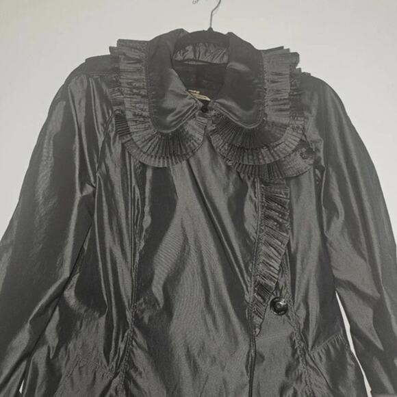 Burberry Vintage Trench Coat pleated/ ruffle trim collar Black Lightweight sz 42 - Picture 4 of 13